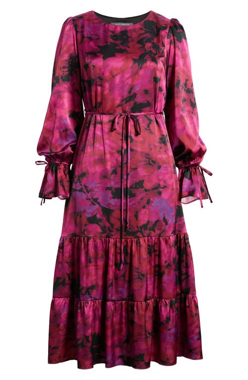 Shop Julia Jordan Abstract Print Tiered Long Sleeve Midi Dress In Purple Pink Multi