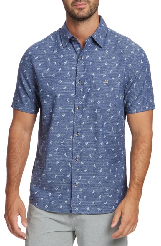 Flag And Anthem Woodruff Flamingo Print Short Sleeve Button-up Shirt In Navy