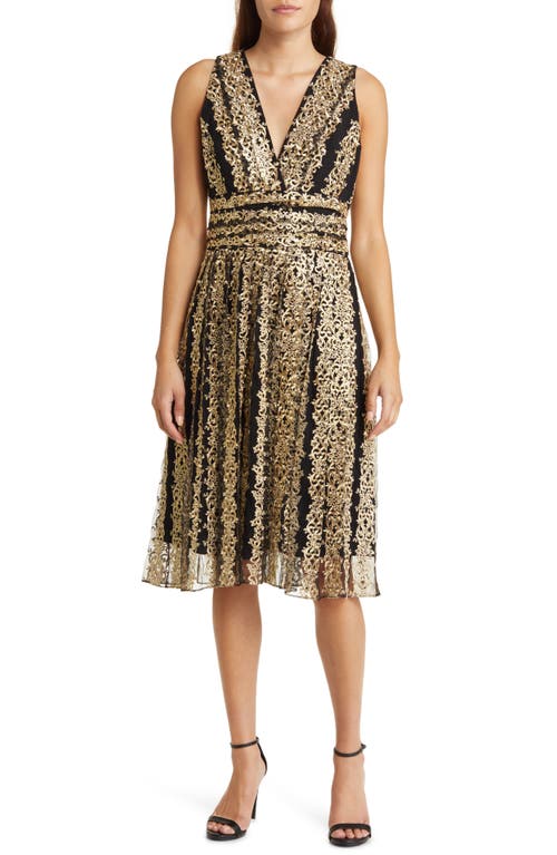 Marchesa Notte Metallic Embroidery Cocktail Dress Black Gold at Nordstrom,
