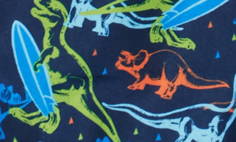 Shop Beach Bros Kids' Electric Surfing Dinosaur Print Swim Trunks In Navy Orange