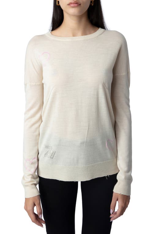 Zadig & Voltaire Gaby Intarsia Heart Wool Crewneck Sweater in Ecru/Blossom