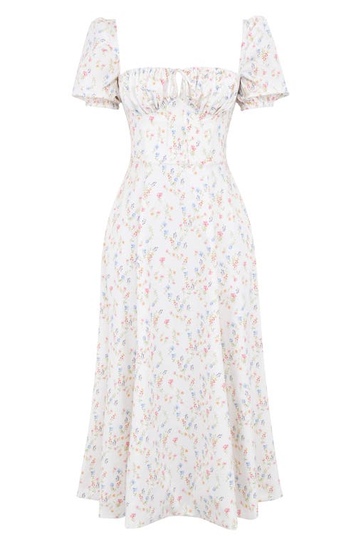 Shop House Of Cb Tallulah Puff Sleeve Midi Dress In White/pink Floral Print