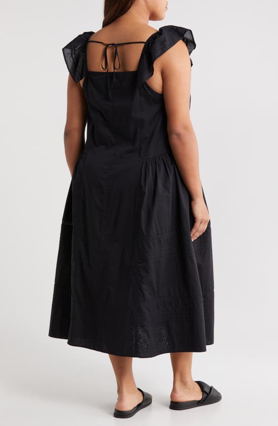 Shop Treasure & Bond Tie Back Flutter Sleeve Cotton Midi Dress In Black