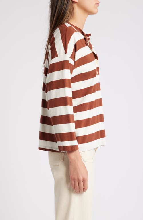 Shop The Great . The Shrunken Long Sleeve Henley In Cognac Stripe