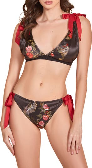 HAUTY Floral Satin Bra & Panties Set - Red-black