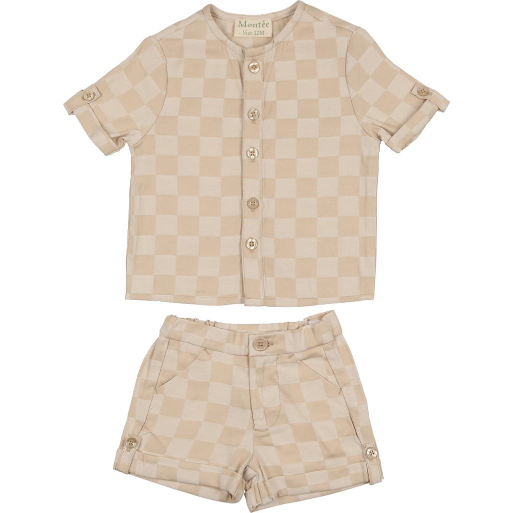 Maniere Manière Kids' Check Button-up Shirt & Shorts Set In Beige