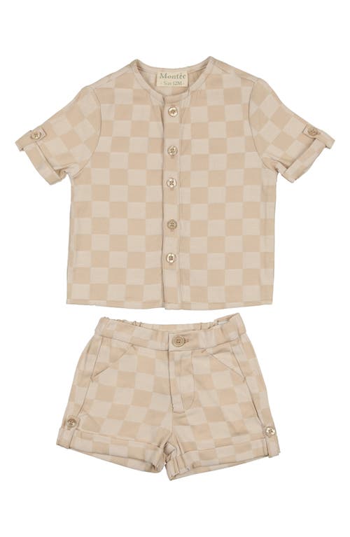 Shop Maniere Manière Kids' Check Button-up Shirt & Shorts Set In Beige