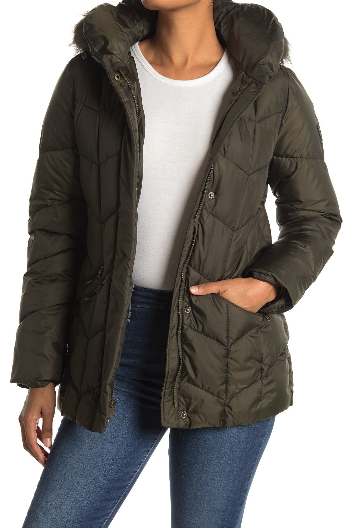 larry levine quilted faux fur hood coat