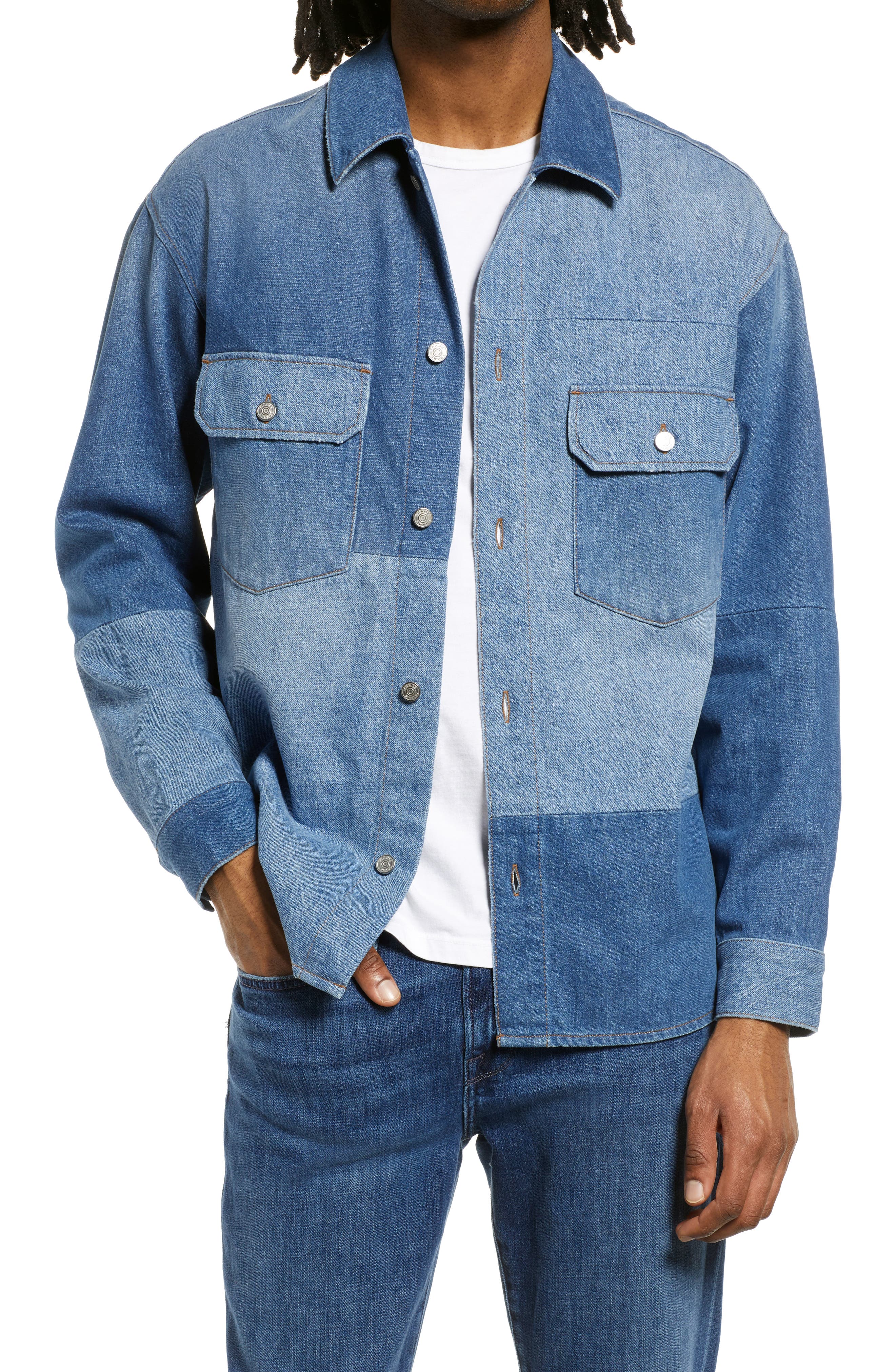 FRAME Colorblock Cotton Denim Shirt in Blue Washed at Nordstrom, Size Medium