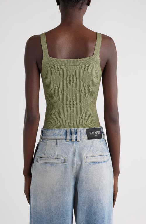 Shop Balmain Vichy Openwork Gingham Knit Tank In 7co Olive