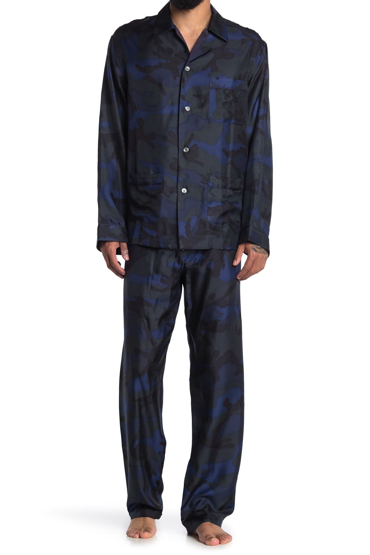 Valentino Silk Camo Long Sleeve Shirt & Pants 2-piece Pajama Set In Denim Scuro