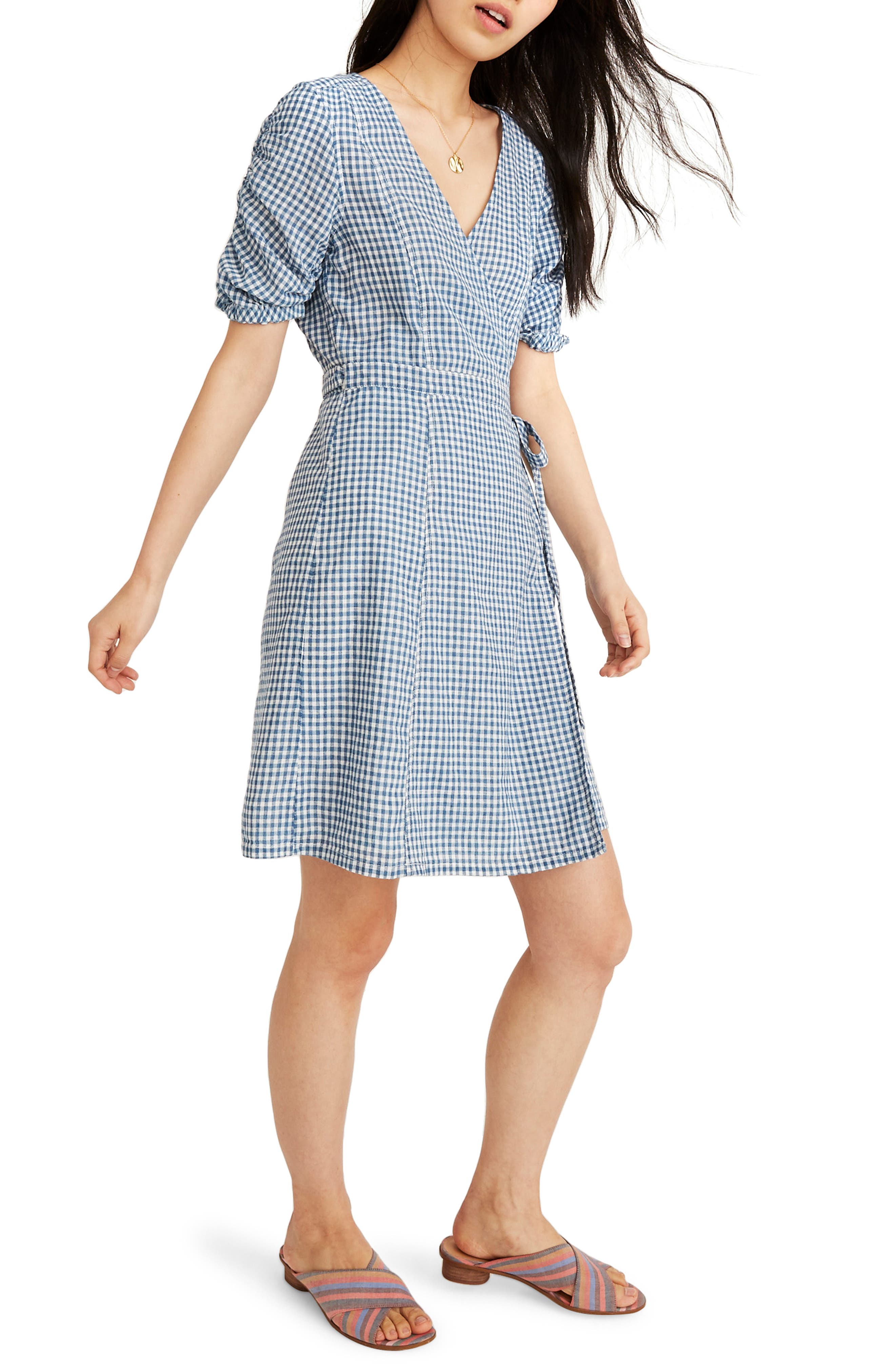 Madewell Gingham Shirred Sleeve Wrap Dress, Blue