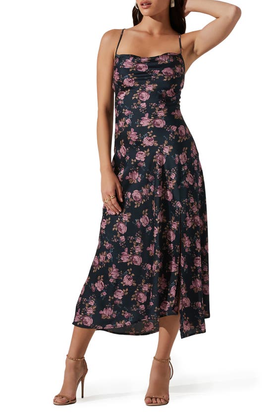Astr Gaia Strappy Bias Cut Satin Midi Dress In Dk Navy-purple Fl