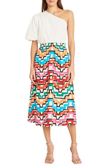 Shop Donna Morgan For Maggy One Shoulder Midi Dress In Soft Ivory/black/multi