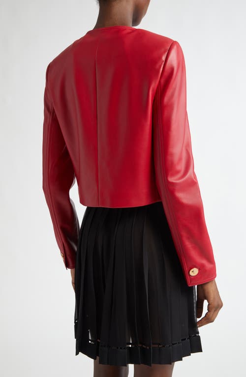 Shop Versace Pocket Detail Leather Crop Jacket In Lipstick Red