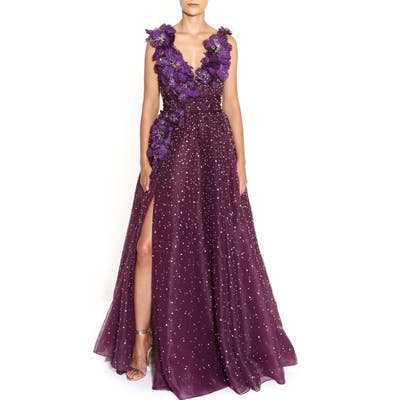 Marchesa Floral Embellished A-Line Organza Gown, Purple