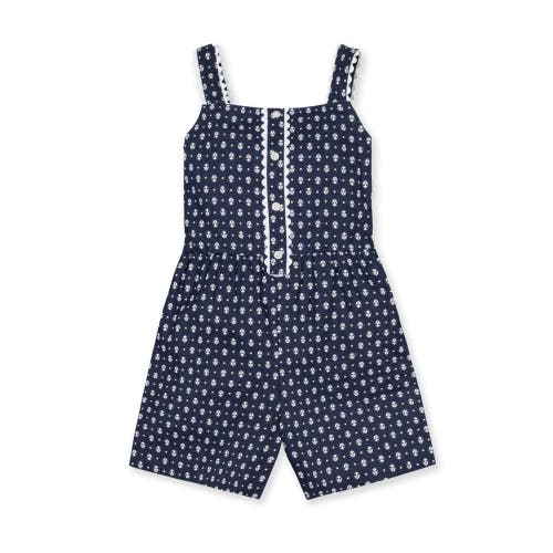 Hope & Henry Babies'  Girls' Scallop Trim Button Front Linen Romper, Toddler In Navy Riviera Print