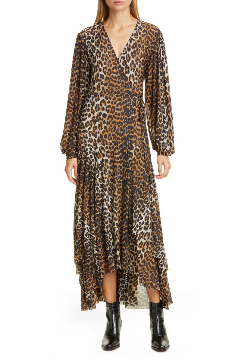 Ganni Leopard Print Mesh Long Sleeve Midi Dress | Nordstrom
