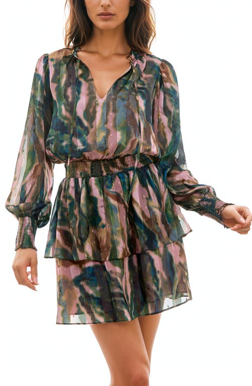 Shop Socialite Print Metallic Tiered Long Sleeve Minidress In Clay/navy/teal