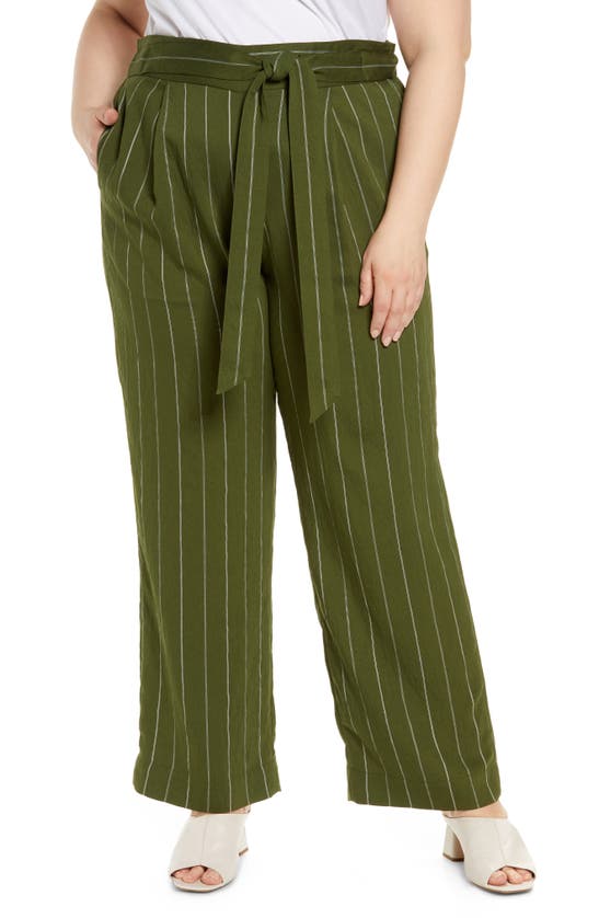 Vince Belted Stripe Wide Leg Pants In Olive