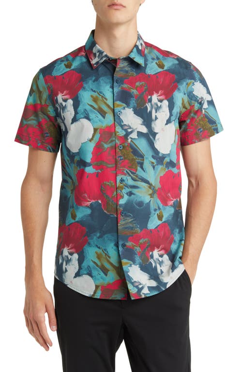 Open Edit Poppies Floral Stretch Short Sleeve Button-Up Shirt in Teal Intense Poppies