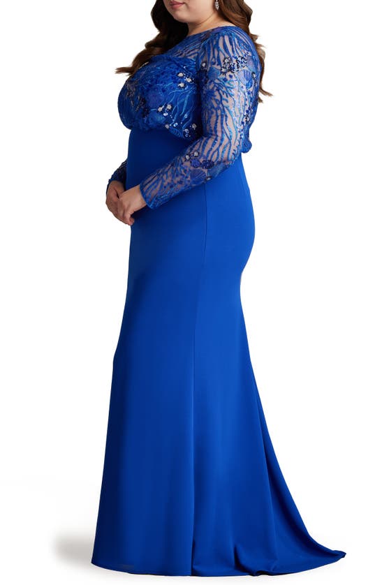 Tadashi Shoji Sequin Blouson Bodice Long Sleeve Gown In Mystic Blue