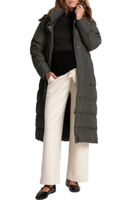 Shop Seraphine Belted Maternity Puffer Jacket With Removable Faux Fur Trim Hood In Khaki Grey