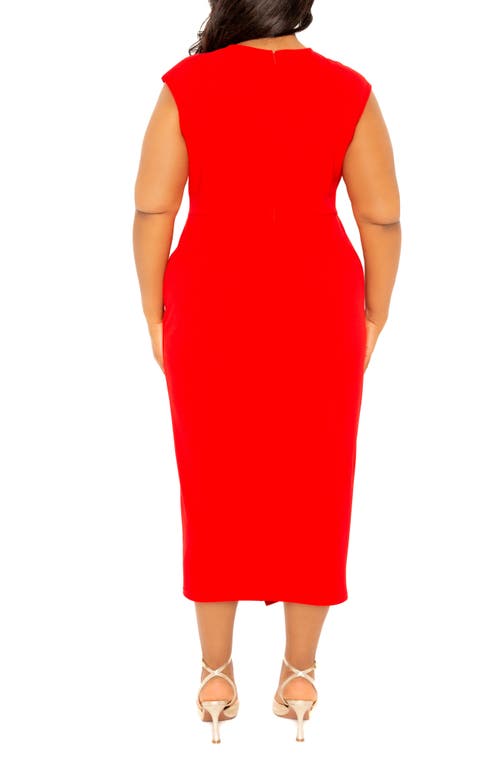 Shop Buxom Couture Asymmetric Button Detail Faux Wrap Midi Dress In Red