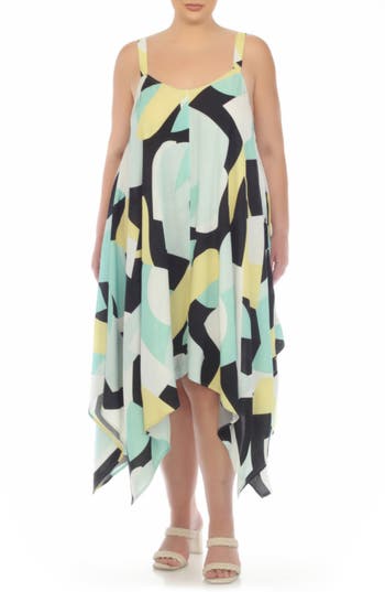 Boho Me Print Handkerchief Hem Maxi Dress In Aqua/yellow