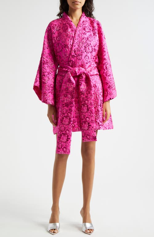 Shop La Vie Style House Floral Brocade Long Sleeve Cover-up Wrap Minidress In Magenta