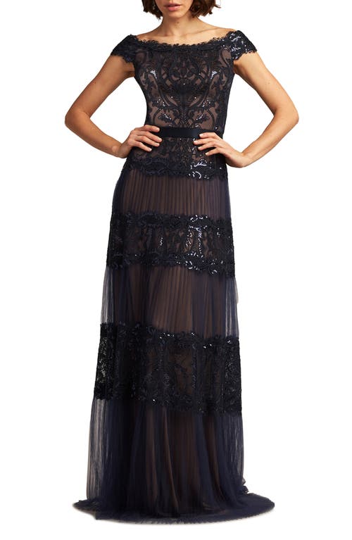 Shop Tadashi Shoji Sequin Corded Lace Off The Shoulder Gown In Navy/nude