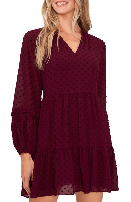 Cece Clip Dot Ruffle Long Sleeve Shift Dress In Deep Mulberry