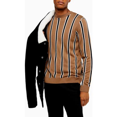 Topman Classic Fit Stripe Crewneck Sweater, Beige