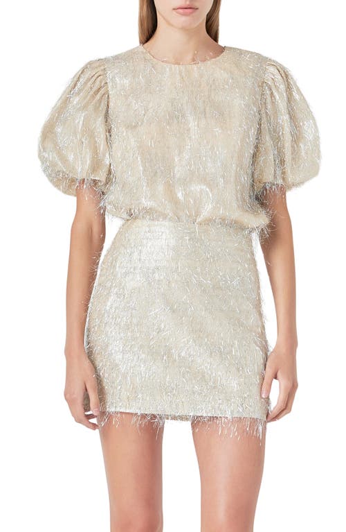 Shop Endless Rose Metallic Fringe Puff Sleeve Top In Champagne