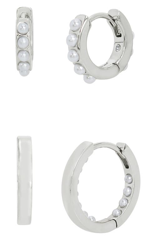 AllSaints Set of 2 Imitation Pearl Huggie Hoop Earrings in Rhodium at Nordstrom