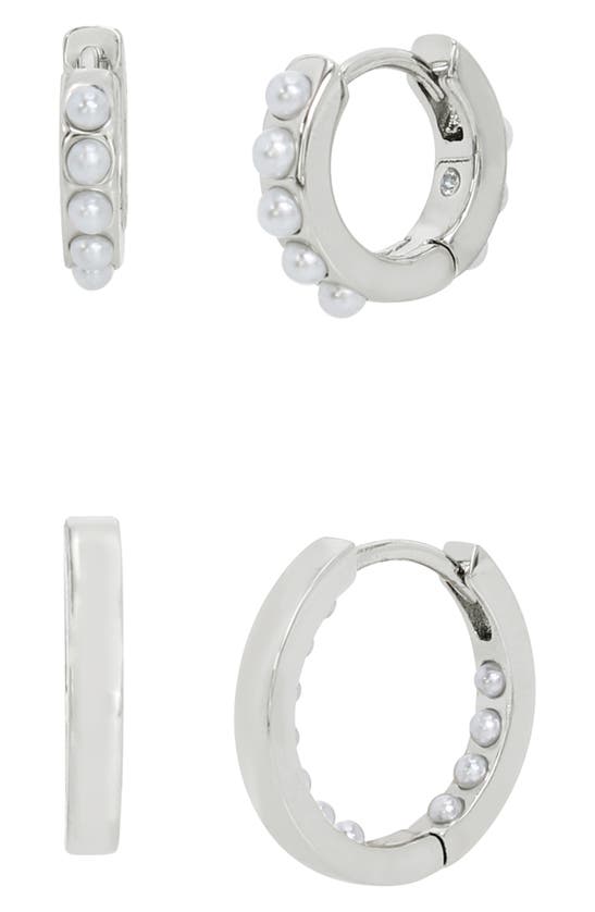 Shop Allsaints Set Of 2 Imitation Pearl Huggie Hoop Earrings In Rhodium