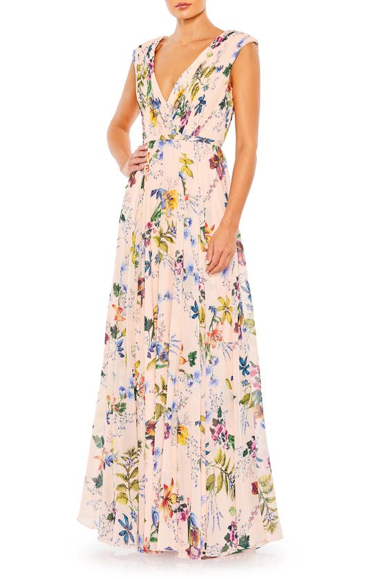 Shop Mac Duggal Floral Pleated Sleeveless Gown In Pink Multi