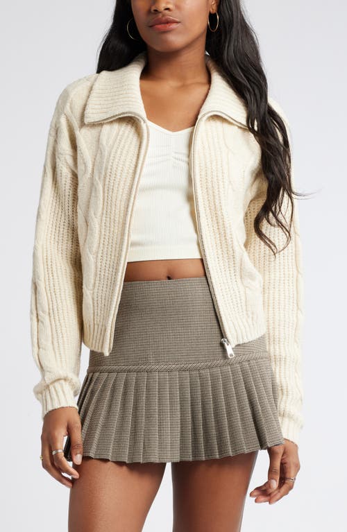 BP. Mock Neck Cable Knit Zip Cardigan in Beige Oatmeal Light Heather 