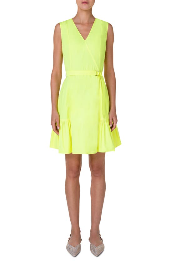 Akris Punto V-neck Belt Detail Cotton Poplin Dress In Neon Yellow