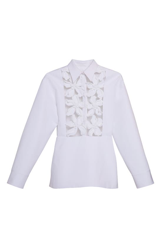 Shop Valentino Floral Appliqué Long Sleeve Cotton Poplin Mini Shirtdress In Bianco