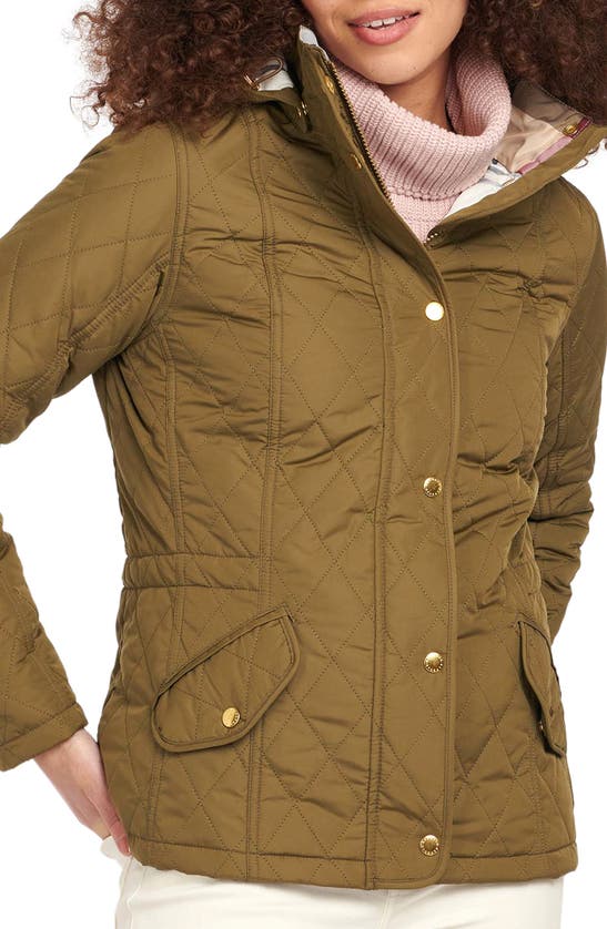Barbour Millfire Hooded Quilted Jacket In Olive/ Hessian