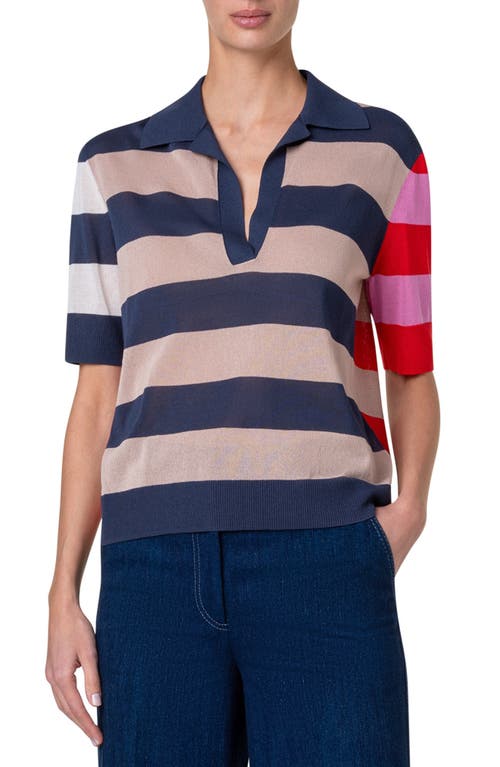 Colorblock Stripe Sweater Polo in Ink-Beige-Pink-Red