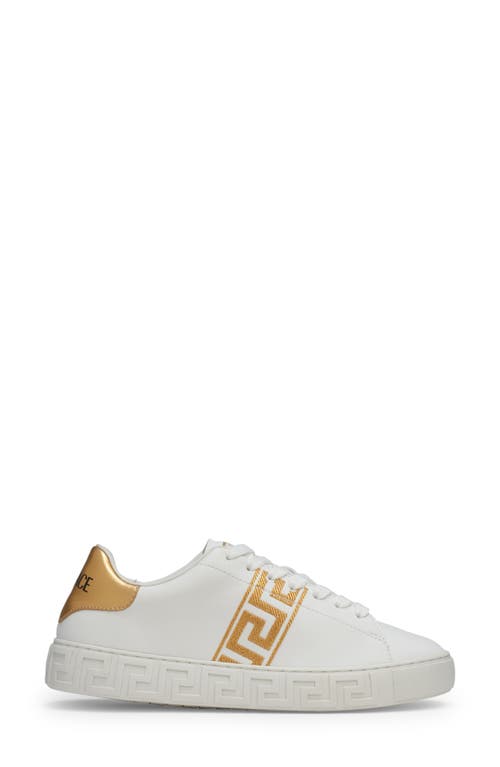 Versace Leather Sneakers Greca Embroidered Detail Gold Accents In White/gold
