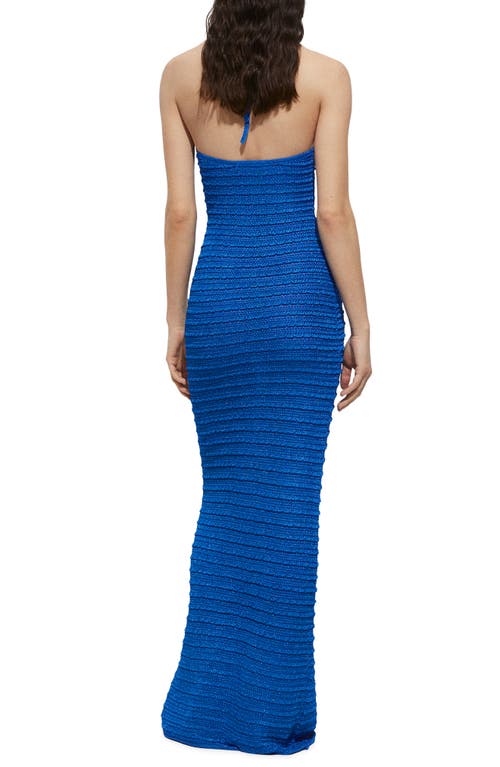 Shop Mango Metallic Textured Knit Halter Dress In Vibrant Blue