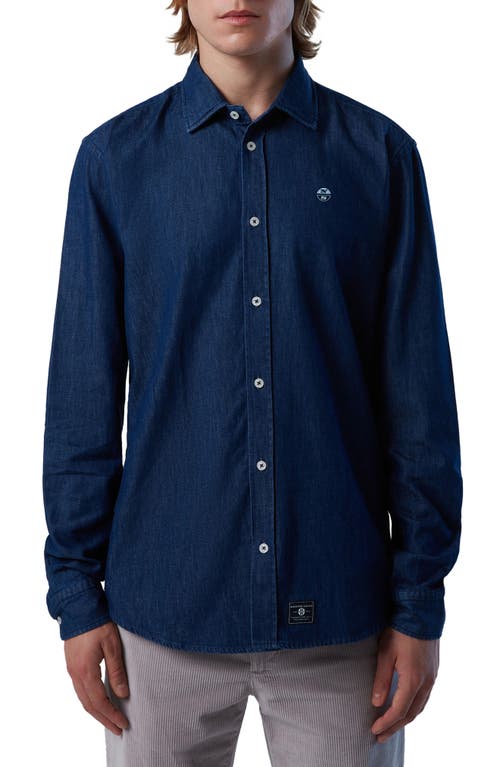 Logo Embroidered Denim Button-Down Shirt in Dark Denim