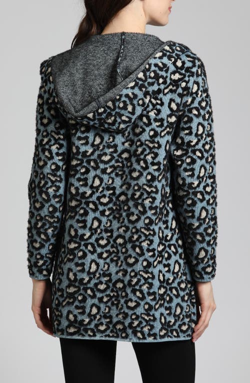Apny Leopard Print Hooded Open Front Sweater Coat In Blue Multi