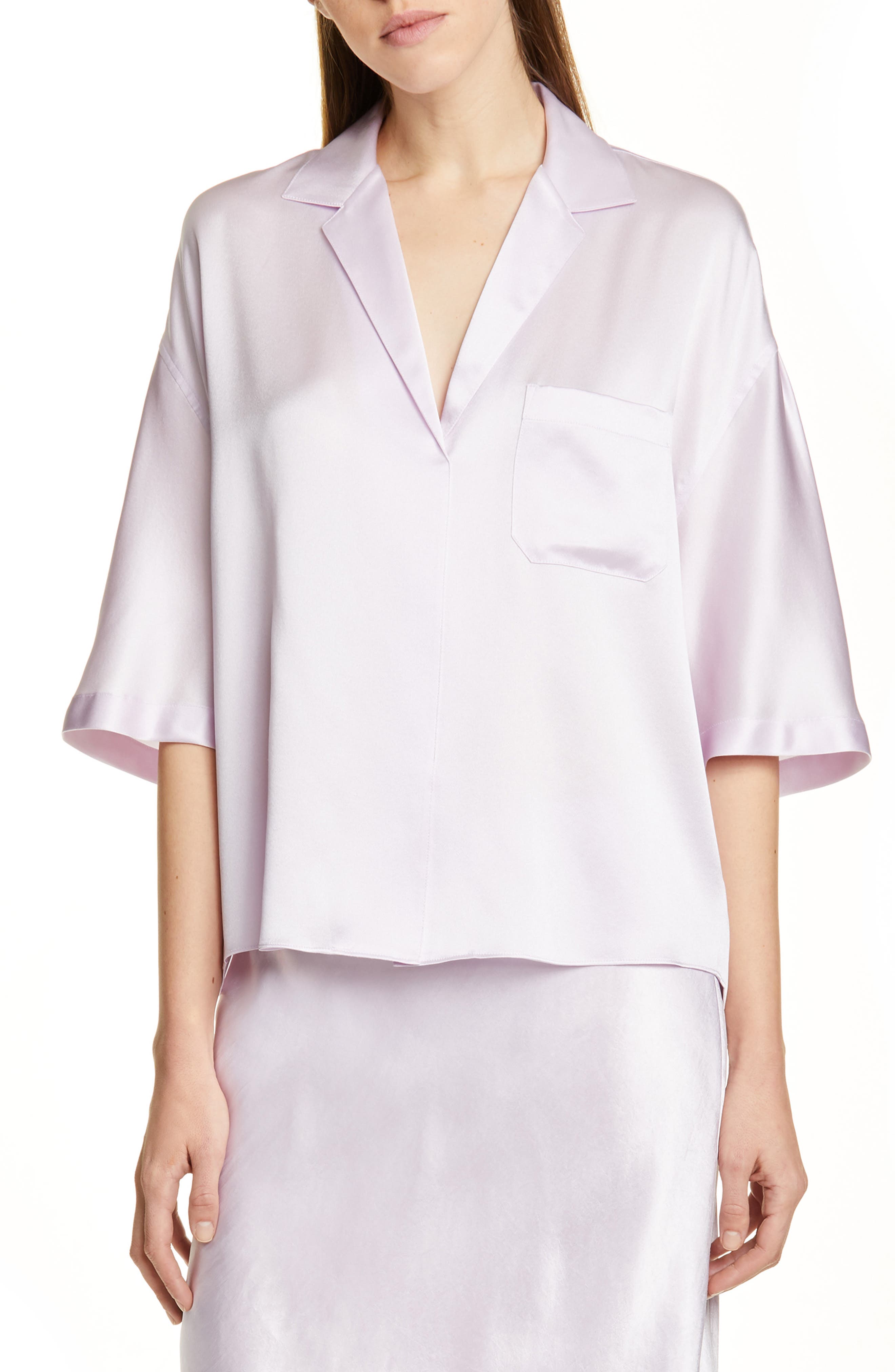 Vince Short Sleeve Silk Pajama Shirt, Purple
