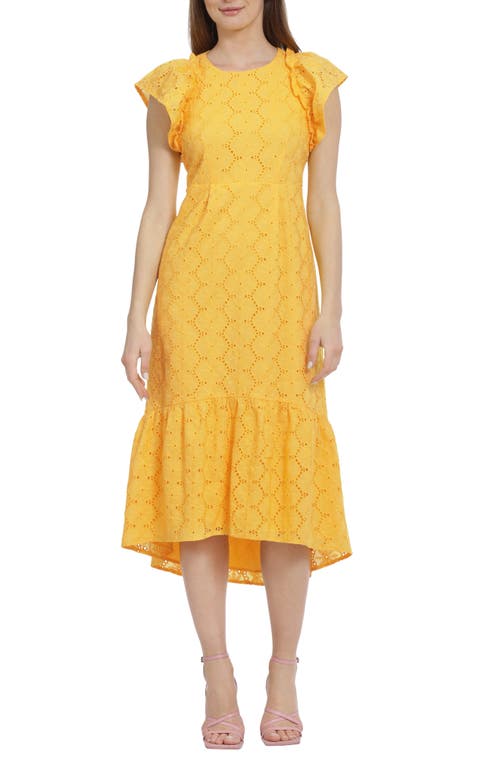 Maggy London Eyelet A-Line Tiered Cotton Dress in Sunstruck