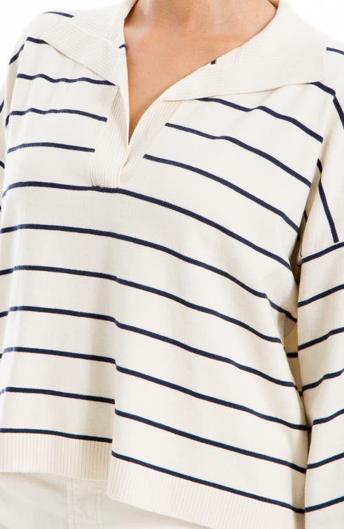 Shop Max Studio Stripe Johnny Collar Crop Sweater In Off White/indigo
