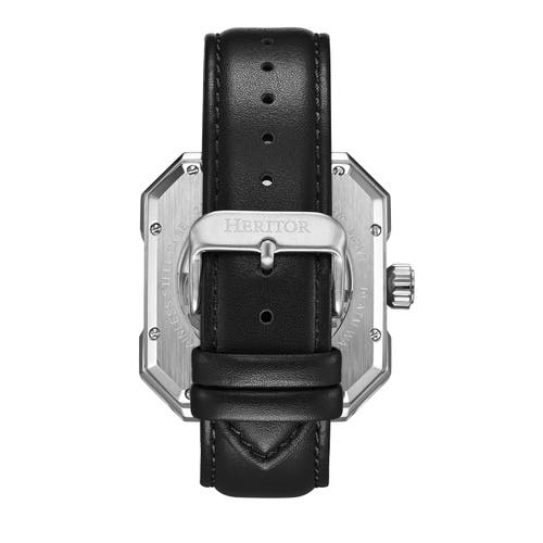 Heritor Automatic Men's Black / Silver Campbell Leather-band Skeleton Watch - Black, Silver In Silver